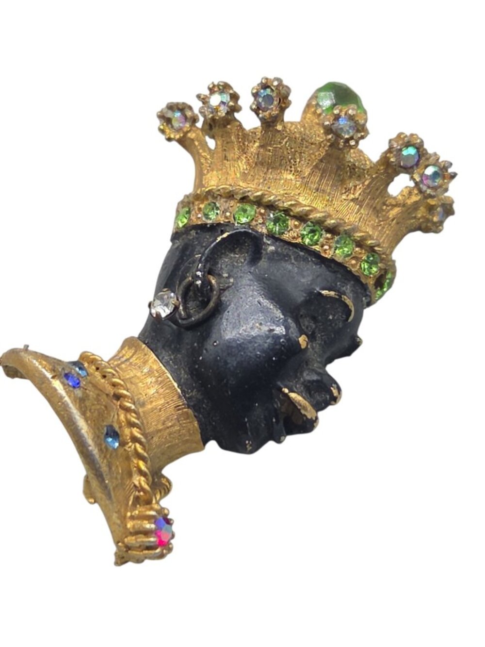 Vintage Blackamoor Jeweled Crown Figural Brooch Rhinestone Couture Estate Piece - Picture 3 of 11